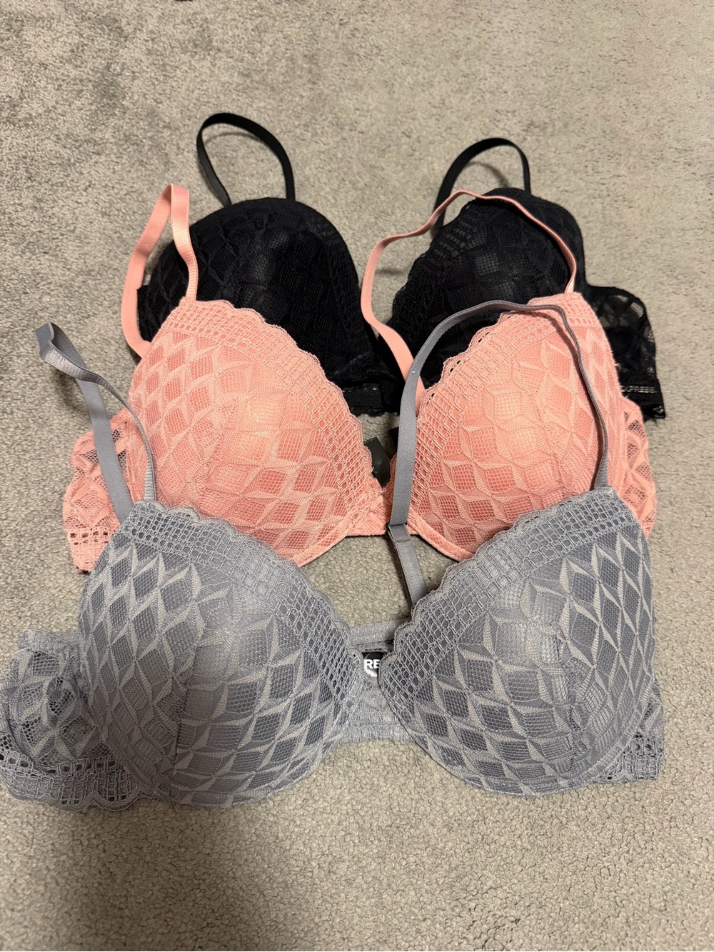 Express Lace Push-Up Bra Trio in Black, Pink, Gray